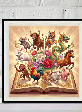 书中动物十二生肖钻石画新款DIY手工钻石画卧室学生钻石贴画带框