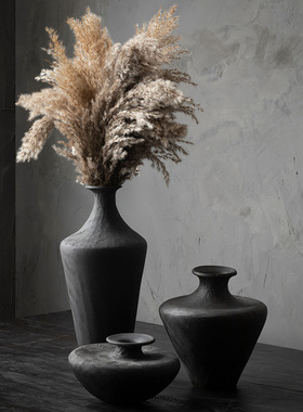 景德镇禅意复古手工陶瓷花器插花黑色装饰花瓶民宿酒店侘寂风摆件
