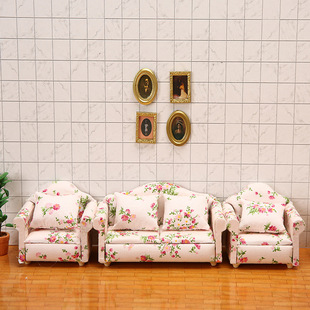 DollHouse娃娃屋BJD微缩模型OB11迷你沙发套装 家具粉布小碎花客厅