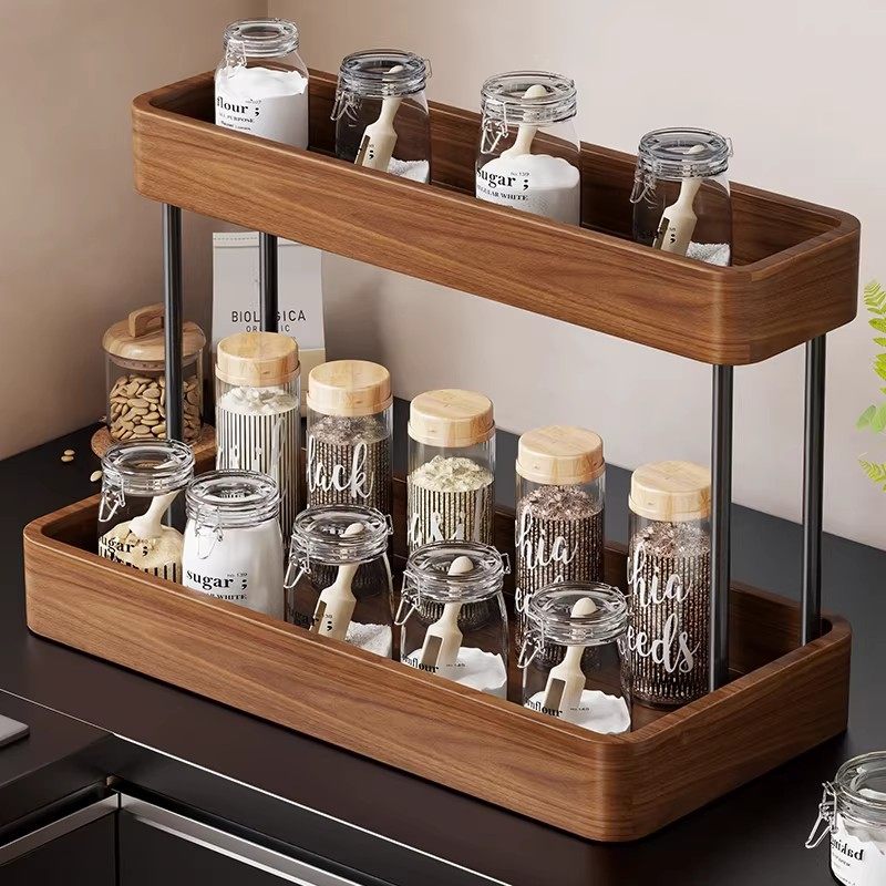 实木调料品置物架厨房双层家用台面多功能调味料油盐酱醋的收纳架