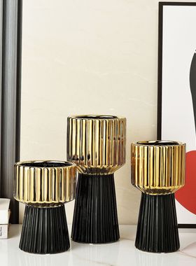 简约现代电镀金白黑色樱花陶瓷花瓶三件套家居装饰摆件摆设工艺品