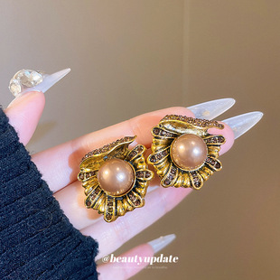 银针镶钻花朵人造珍珠耳钉女中古vintage耳环轻奢高级感时尚 耳饰