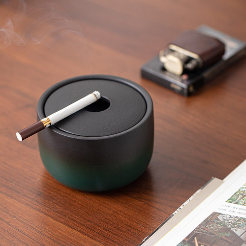 粗陶小圆带盖渐变烟灰缸家用办公桌面摆件防烟防飞灰烟缸烟盅烟槽