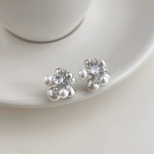 韩系时尚 锆石珍珠小花耳钉女气质ins精致优雅耳环高级感百搭耳饰