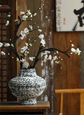 景德镇新中式复古禅意陶瓷花瓶侘寂风花器家居酒店民宿装饰品摆件