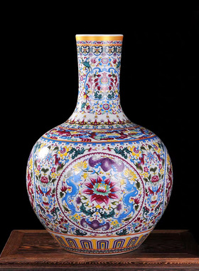 景德镇陶瓷花瓶 珐琅彩五福临门天球花瓶 家居时尚复古摆件摆设