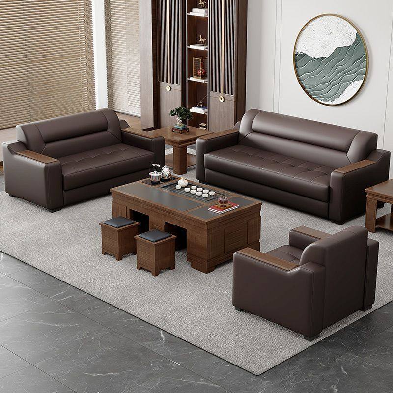 真皮办公室沙发简约现代商务会客接待休闲三人位茶几组合套装皮艺