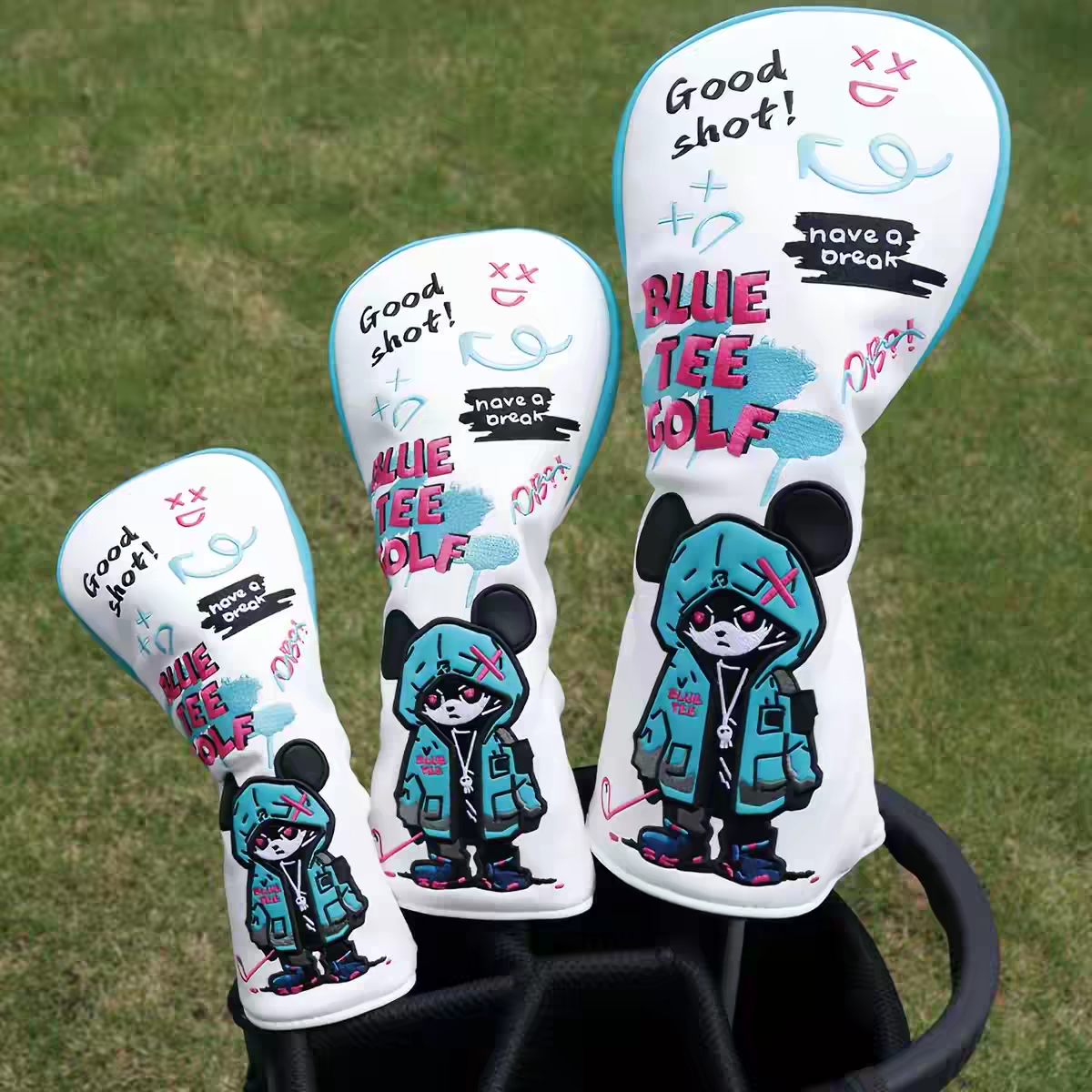 blueteegolf高尔夫杆头套1/3/5号木球杆保护套皮面刺绣防水毛绒内
