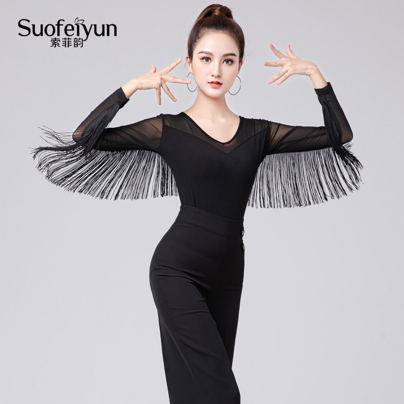 拉丁舞服装新款上衣国标舞流苏舞衣摩登舞v领连体衣练功女长袖