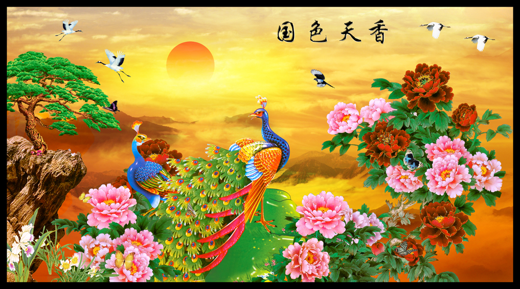 孔雀花开富贵牡丹山水画风景墙画壁画客厅玄关无框画装饰海报97图片