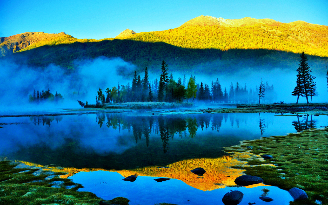 河流山水湖泊自然山水风景画海报流水生财招财画湖光山色中堂画92
