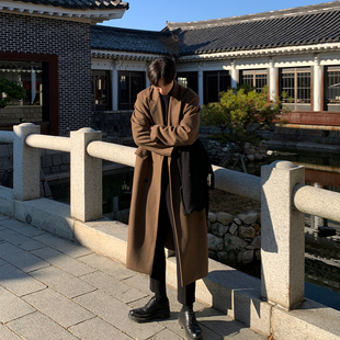 男款 加厚宽松过膝风衣男韩版 呢子外套 中长款 毛呢大衣男棕色秋冬季
