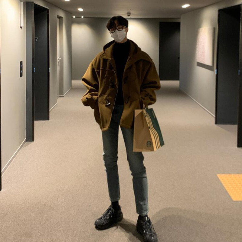 冬季加棉短款毛呢大衣男士加厚韩版男生牛角扣呢子连帽棉服外套潮