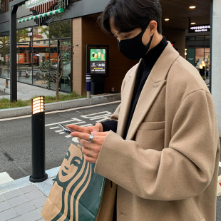 驼色毛呢大衣男生中长款 加厚衣服 呢子外套过膝宽松风衣英伦风冬季