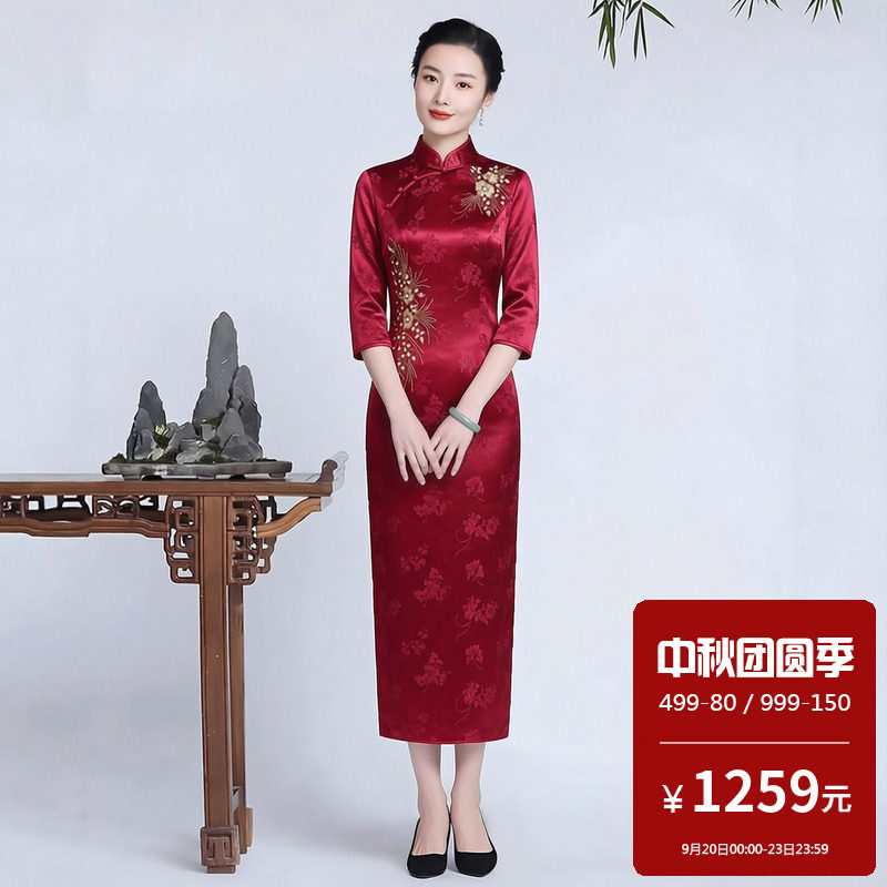 醋酸缎面旗袍长款七分袖大码妈妈婚宴装喜妈妈高端改良式中国风秋