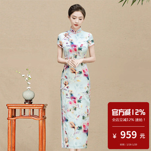 重磅真丝桑蚕丝旗袍长款短袖老上海苏杭海派气质名媛民国时期日常