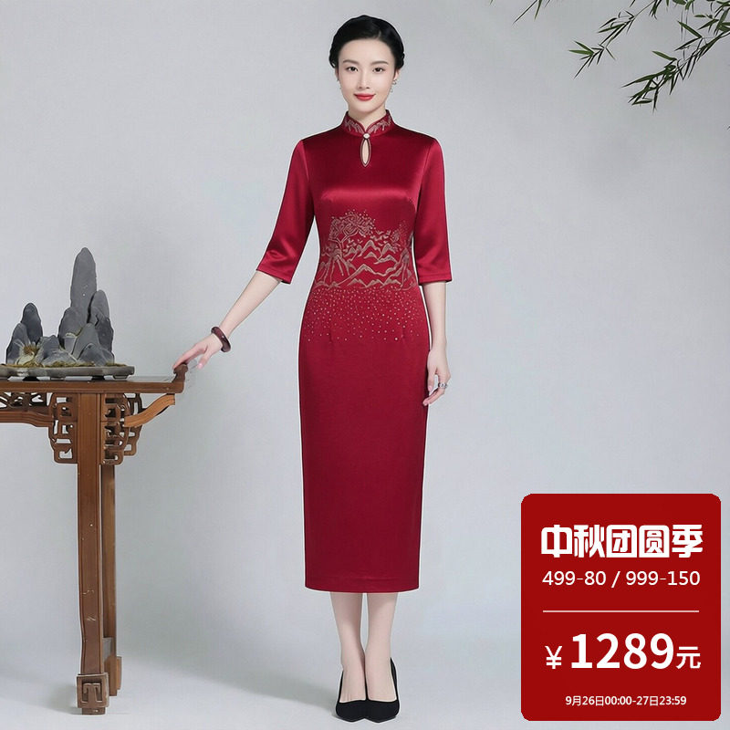 醋酸缎面喜妈妈高档旗袍中国风喜婆婆婚宴春装连衣裙女新中式礼服
