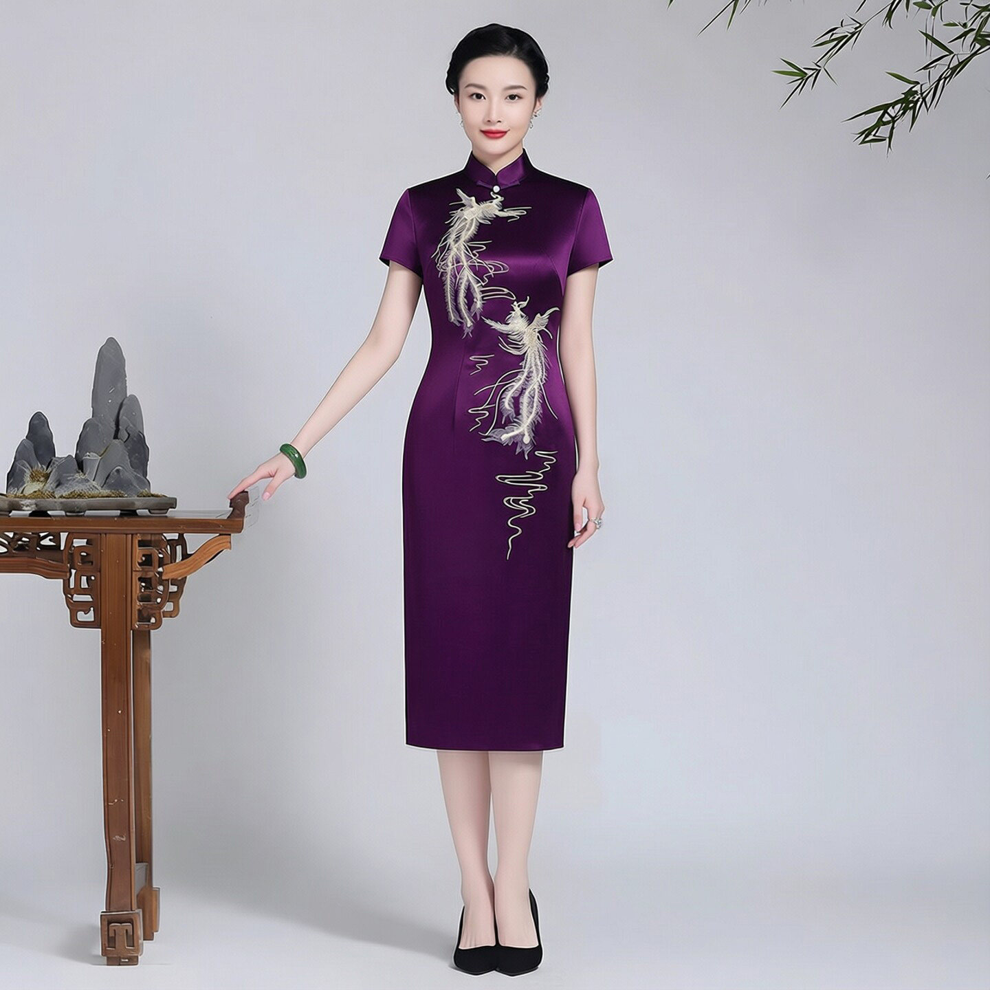 醋酸缎面旗袍七分袖中长款妈妈婚礼气质显年轻敬酒服新娘高端大气