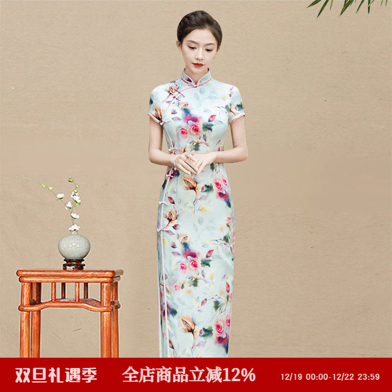 重磅真丝桑蚕丝旗袍长款短袖老上海苏杭海派气质名媛民国时期日常