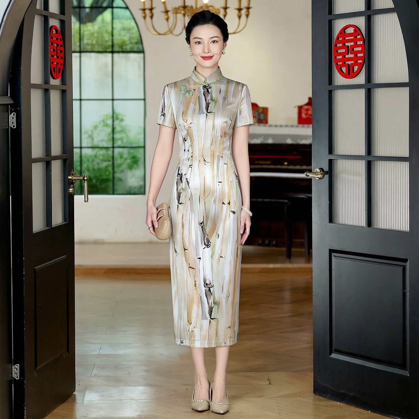 重磅真丝桑蚕丝旗袍中长款短袖日常可穿通勤年轻款绝美女新中式春