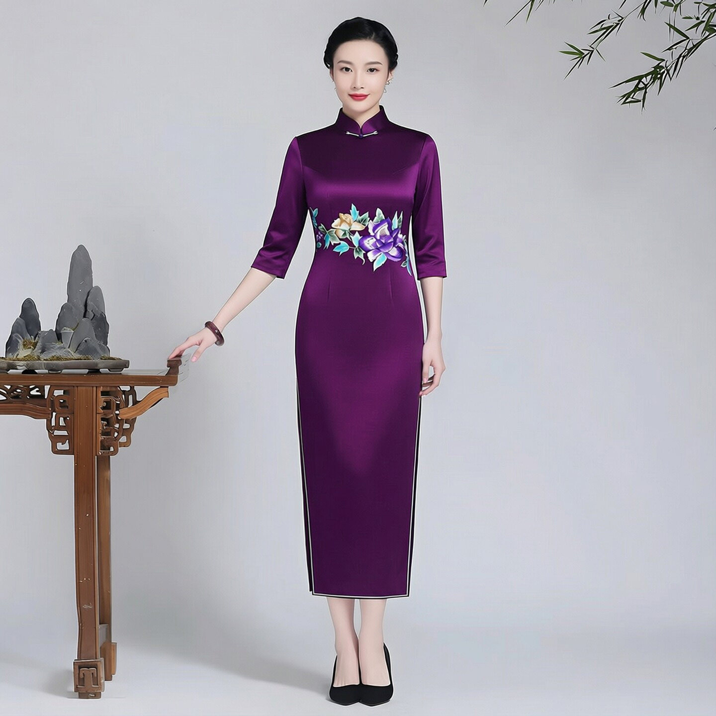 醋酸缎面旗袍长款重工刺绣花新娘妈妈高级感儿子结婚喜婆婆穿的春