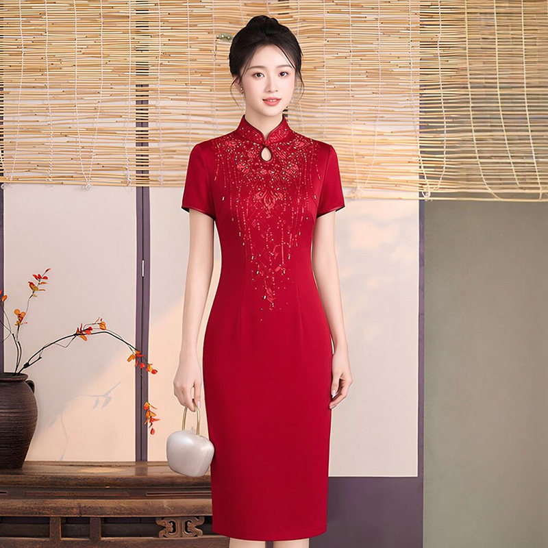 高端礼服旗袍中长款水滴领短袖婚礼宴会喜庆妈妈装结婚岳母连衣裙
