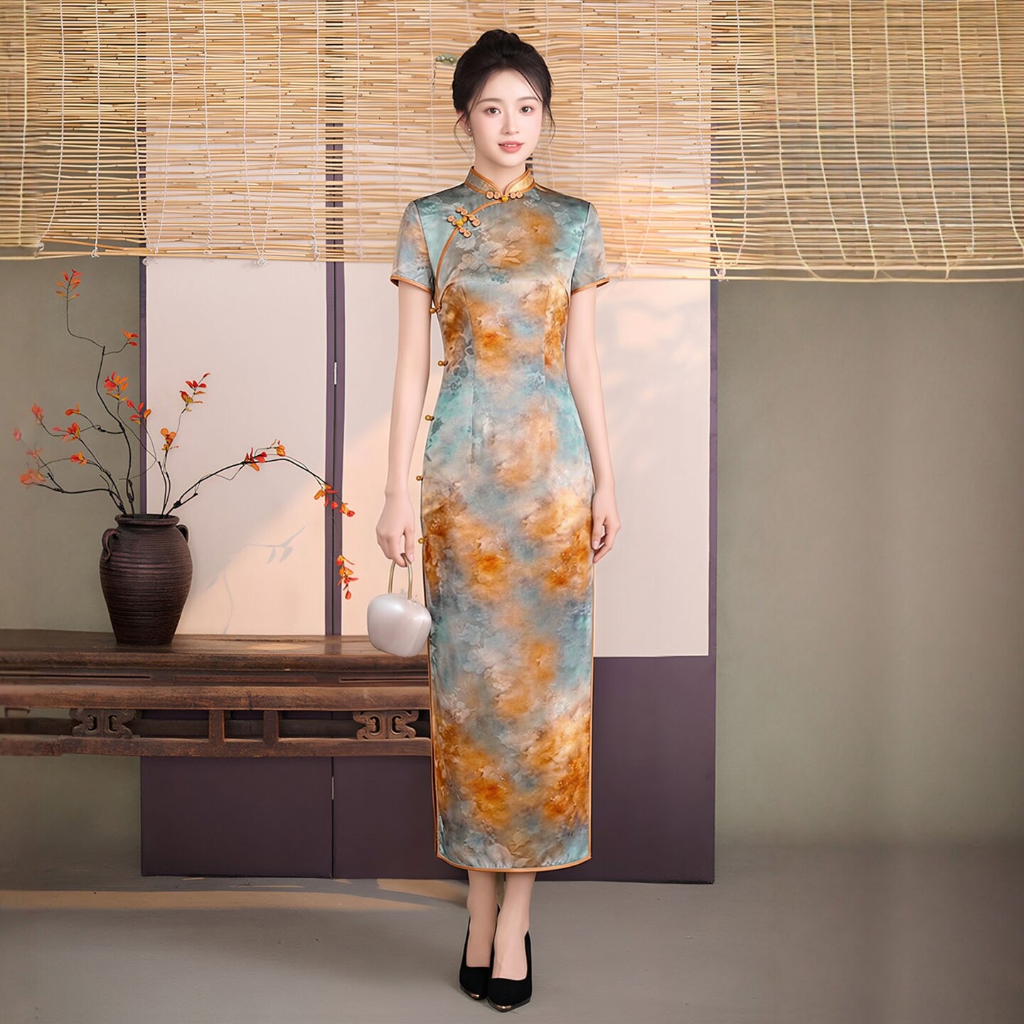 高档真丝桑蚕丝旗袍长款高端大气上档次年轻款轻奢高级感模特走秀