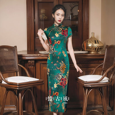 重磅真丝桑蚕丝旗袍长款绿底大花图案老上海民国时期高档奢华优雅