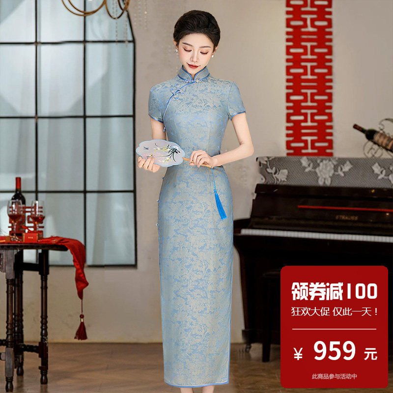 重磅真丝桑蚕丝旗袍长款短袖改良高端大气上档次轻奢高级感年轻款
