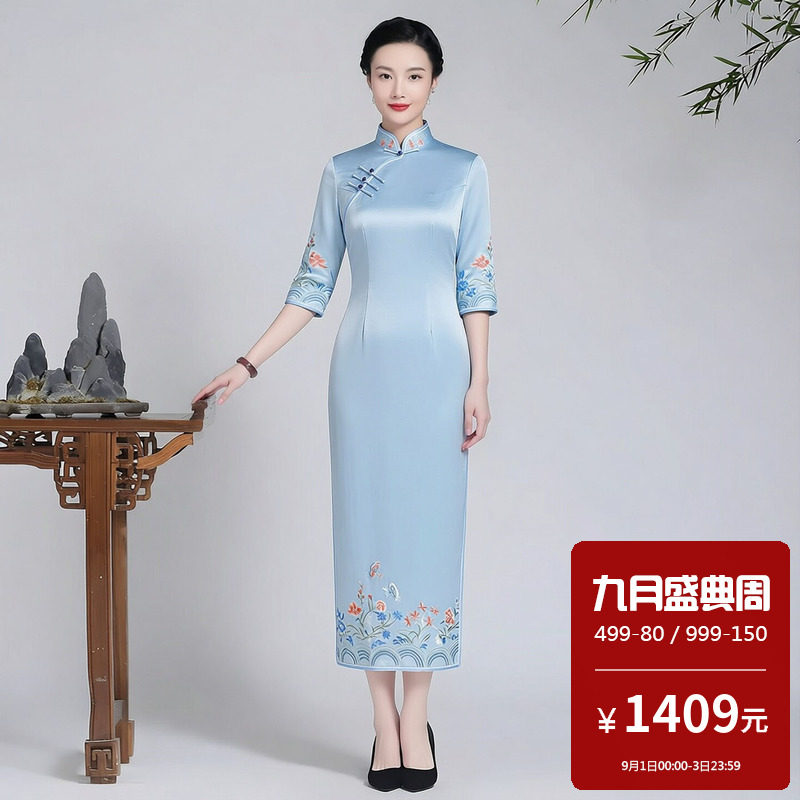 醋酸缎面旗袍长款七分袖高端大气上档次妈妈婚礼气质显年轻晚礼服