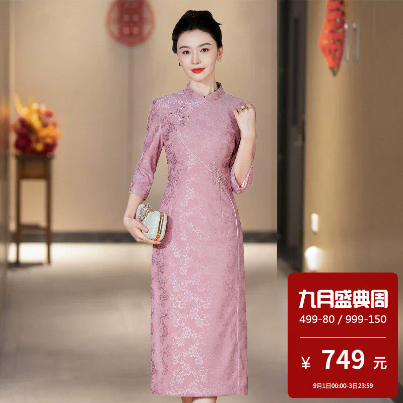高档蕾丝中长款高端婚礼妈妈晚礼服高贵洋气旗袍女大码胖mm新中式