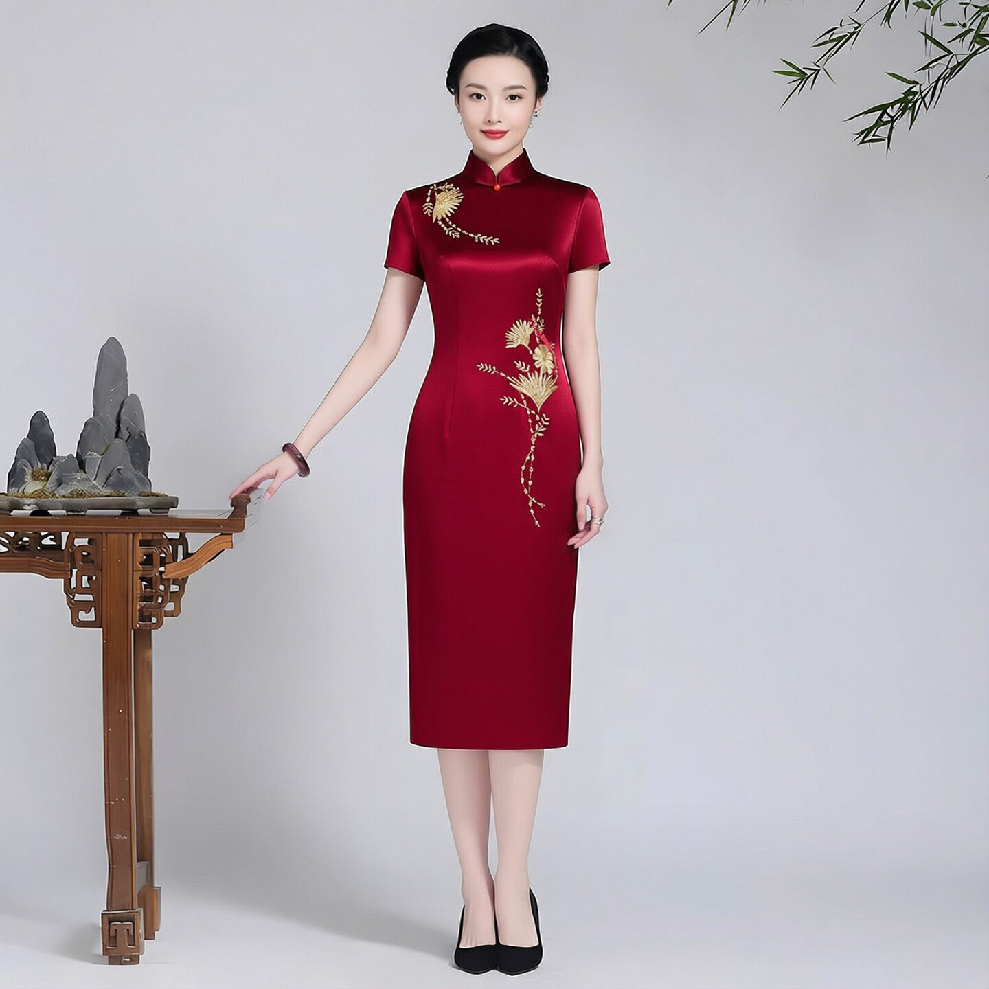 醋酸缎面旗袍中长款敬酒服新娘妈妈高端大气小个子适合参加婚礼的