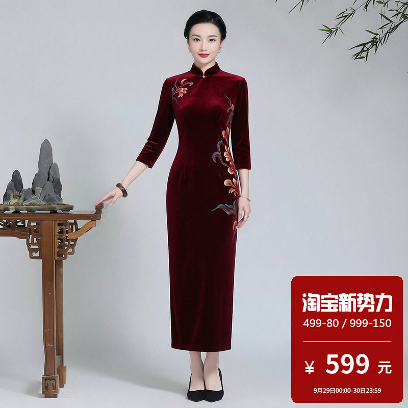金丝绒旗袍长款七分袖妈妈喜婆婆婚宴中式礼服高档奢华优雅气质女