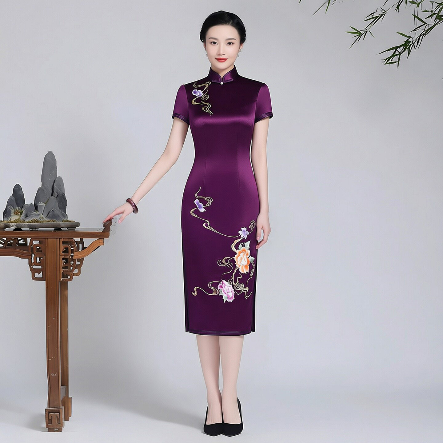 高档醋酸缎面旗袍中长款刺绣花小个子喜妈妈婚宴装结婚轻奢高级感