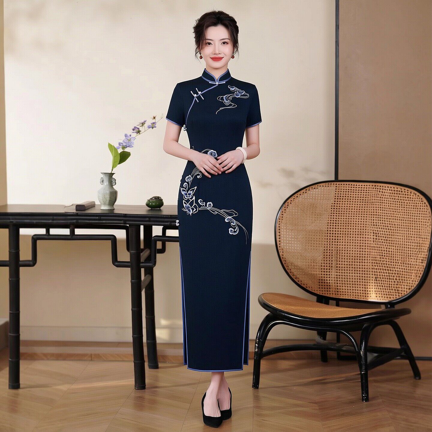 醋酸缎面料旗袍长款现代女改良版时尚年轻款日常生活休闲通勤低领
