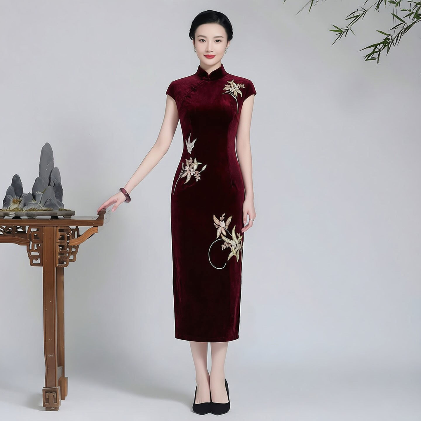 丝绒旗袍裙中长款女新中式日常可穿秋冬通勤穿搭小个子改良连衣裙