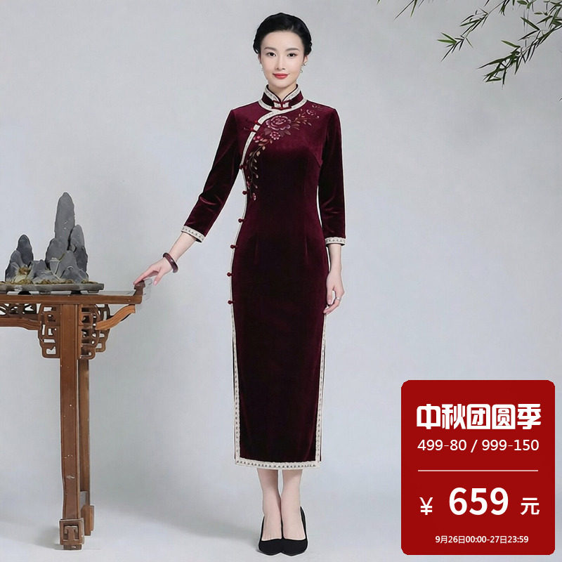 丝绒旗袍长款长袖女新中式可以上班穿的高端大气上档次大码小个子