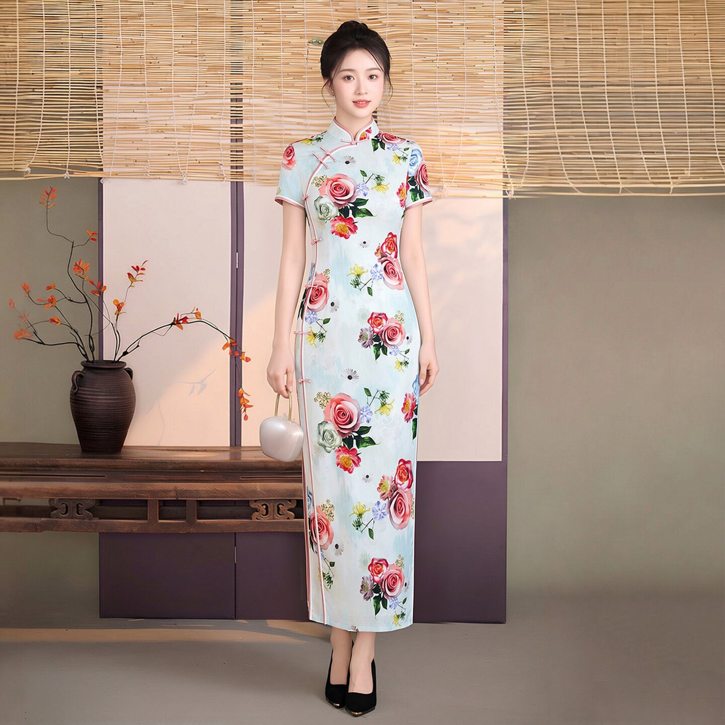 重磅真丝桑蚕丝旗袍长款玫瑰图案日常改良版手工传统复古中式海派