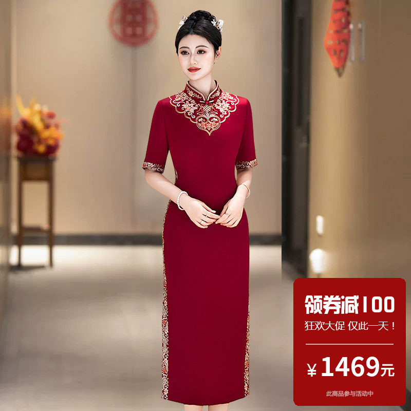 醋酸缎面旗袍裙喜婆婆穿的高端大气上档次儿子结婚特大码礼服四月