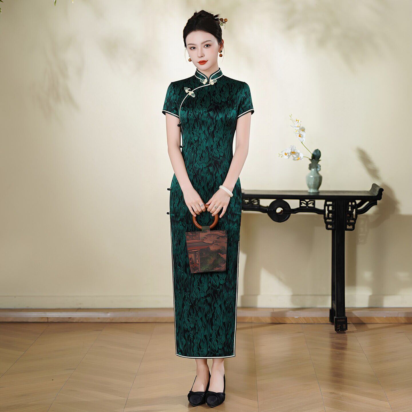 高端真丝桑蚕丝旗袍长款模特走秀高端演出服广场舞改良式中国风夏