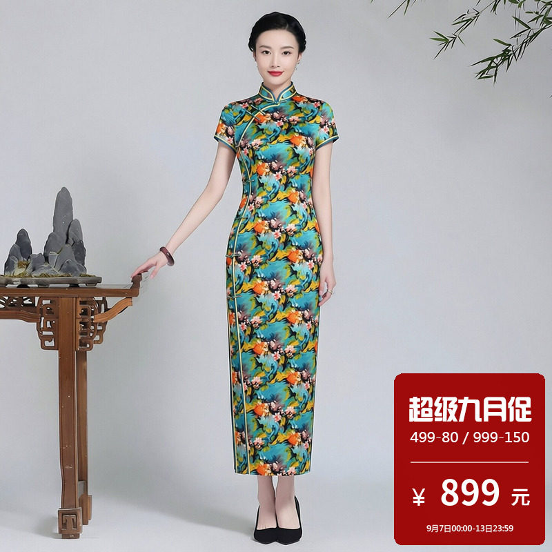 重磅真丝桑蚕丝旗袍长款绿底花色复古传统盘扣手工订制气质优雅女