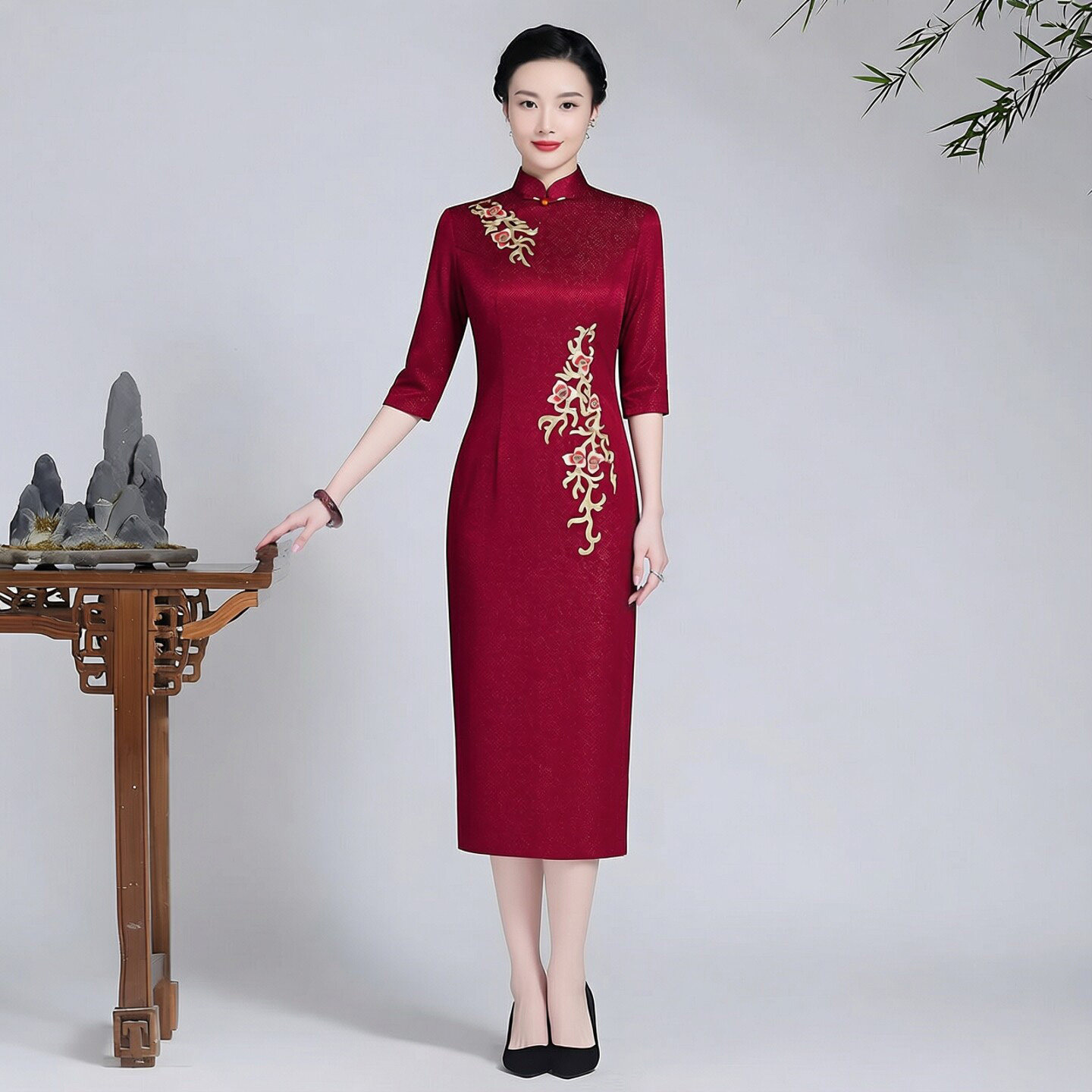 高档醋酸缎面旗袍中长款喜服婚宴改良式中国风喜妈妈装小个子结婚