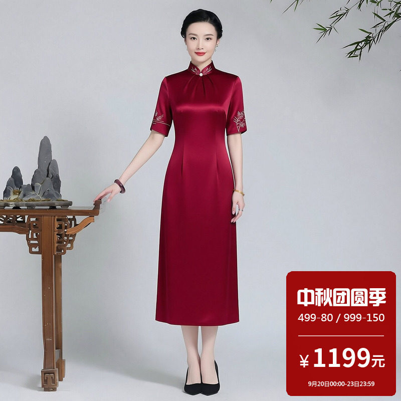 醋酸缎复古风中国风旗袍女中长款立领刺绣敬酒服中年优雅气质显瘦