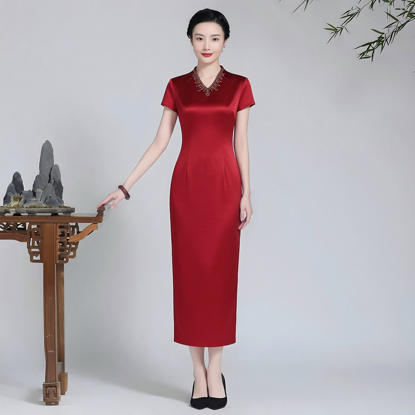 醋酸缎面旗袍长款v领纯色儿子结婚喜婆婆穿的衣服高贵祺袍女优雅