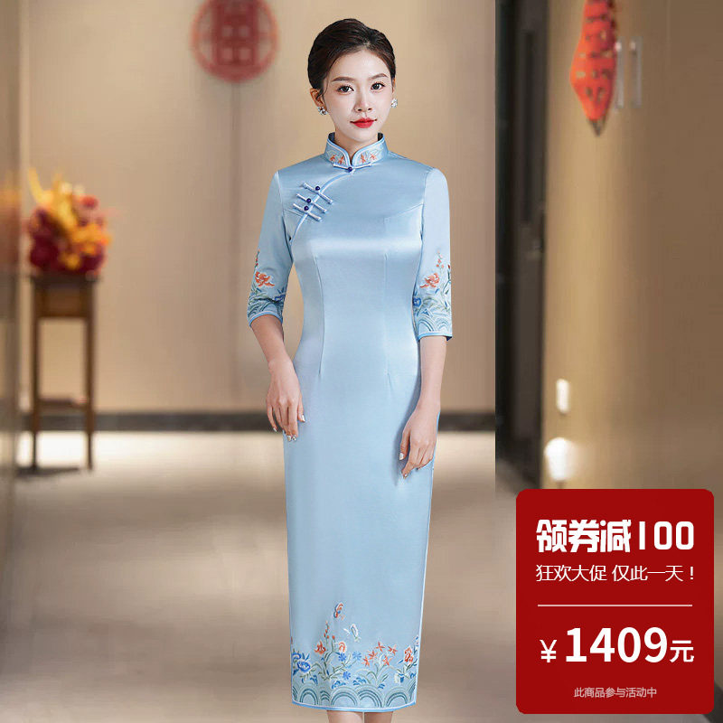 醋酸缎面旗袍长款七分袖高端大气上档次妈妈婚礼气质显年轻晚礼服