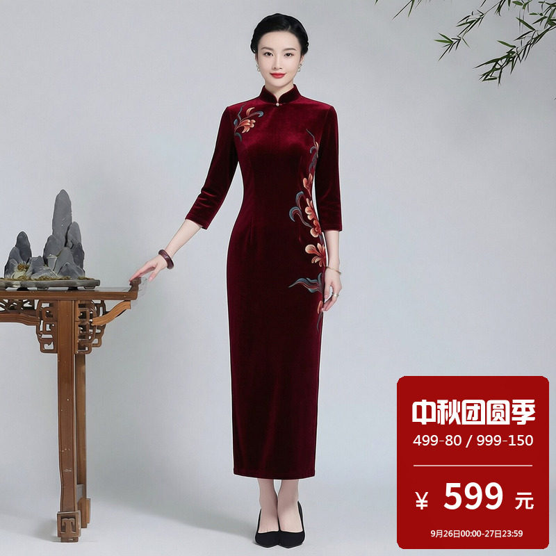 金丝绒旗袍长款七分袖妈妈喜婆婆婚宴中式礼服高档奢华优雅气质女