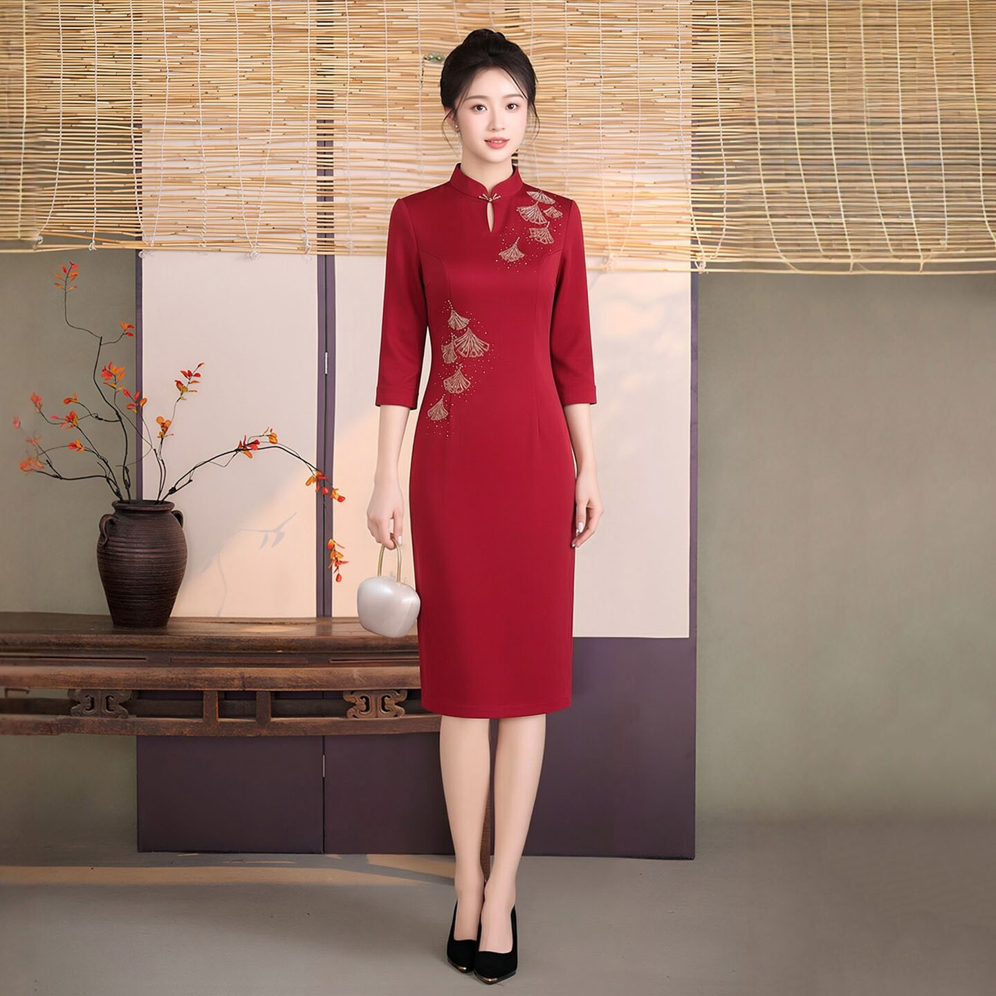 高端绸缎旗袍中长款妈妈婚宴礼服七分袖重工钉珠岳母丈母娘连衣裙
