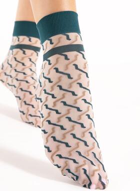 FiORE KICK OFF 20D几何图案个性绿色粉色撞色线条透明女短袜时尚