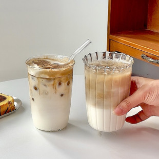 ins耐热花蕾杯咖啡拿铁牛奶奶茶果汁冷饮玻璃条纹杯简约高级水杯