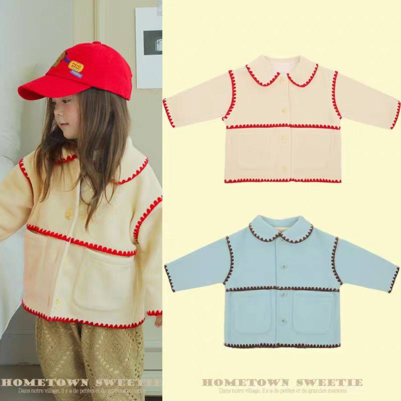 Amber 韩国正品童装 儿童绒绒翻领纽扣复古长袖上衣 haha童装